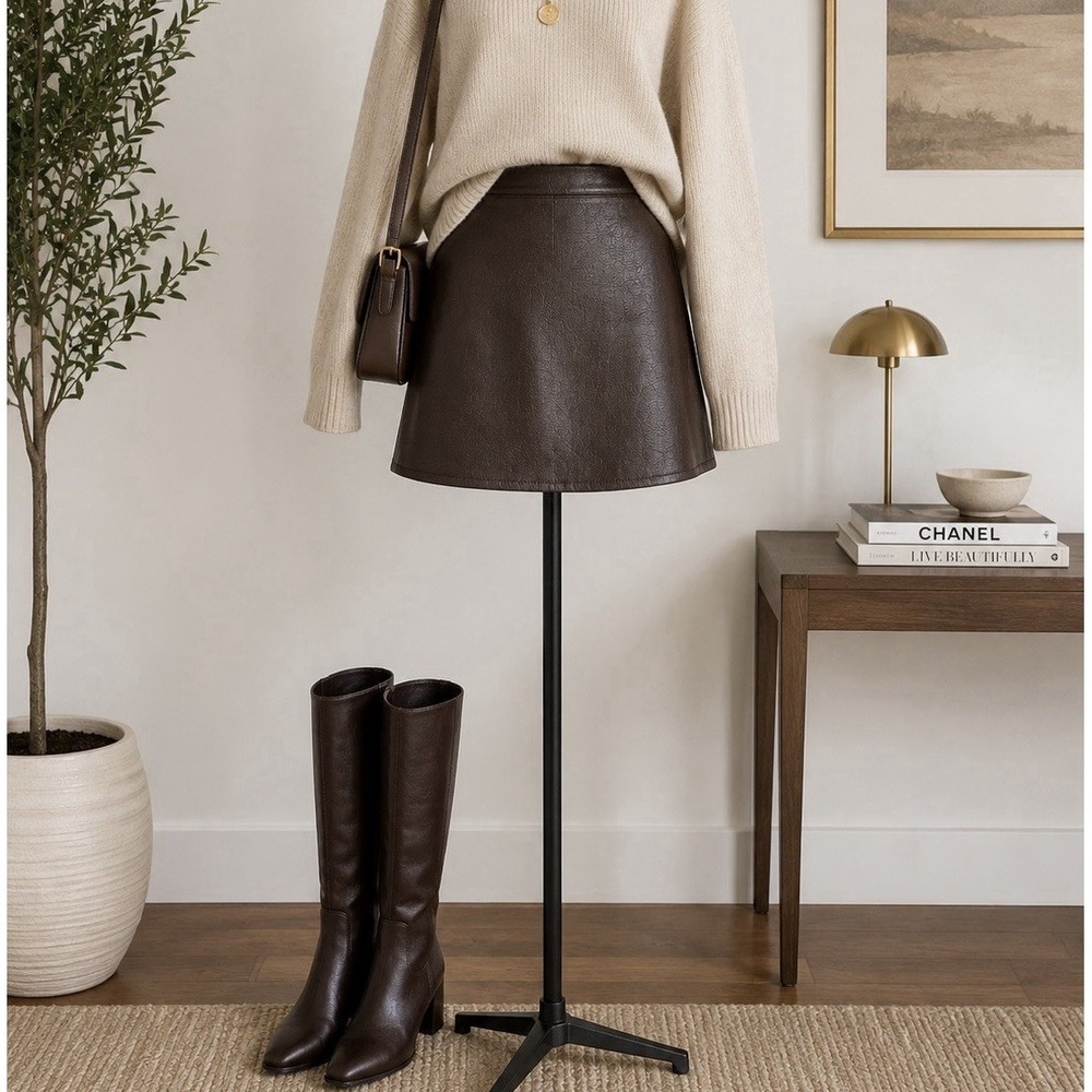 Tuckernuck Leather Meg Mini Skirt Brown Crinkle Faux Leather A-Line Size L